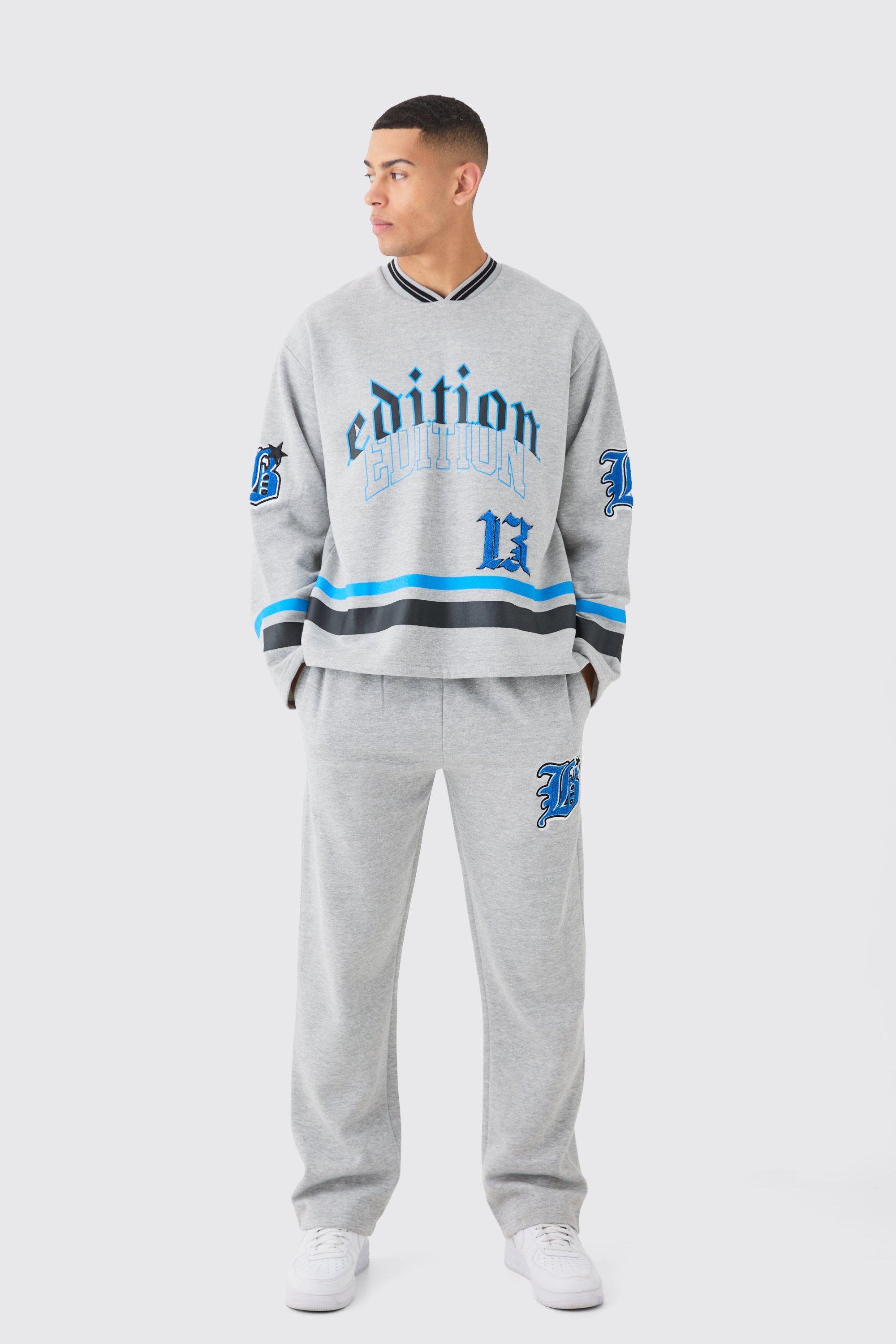 Mens Grey Oversized Varsity Applique V Neck Sweatshirt Tracksuit, Grey Product Image