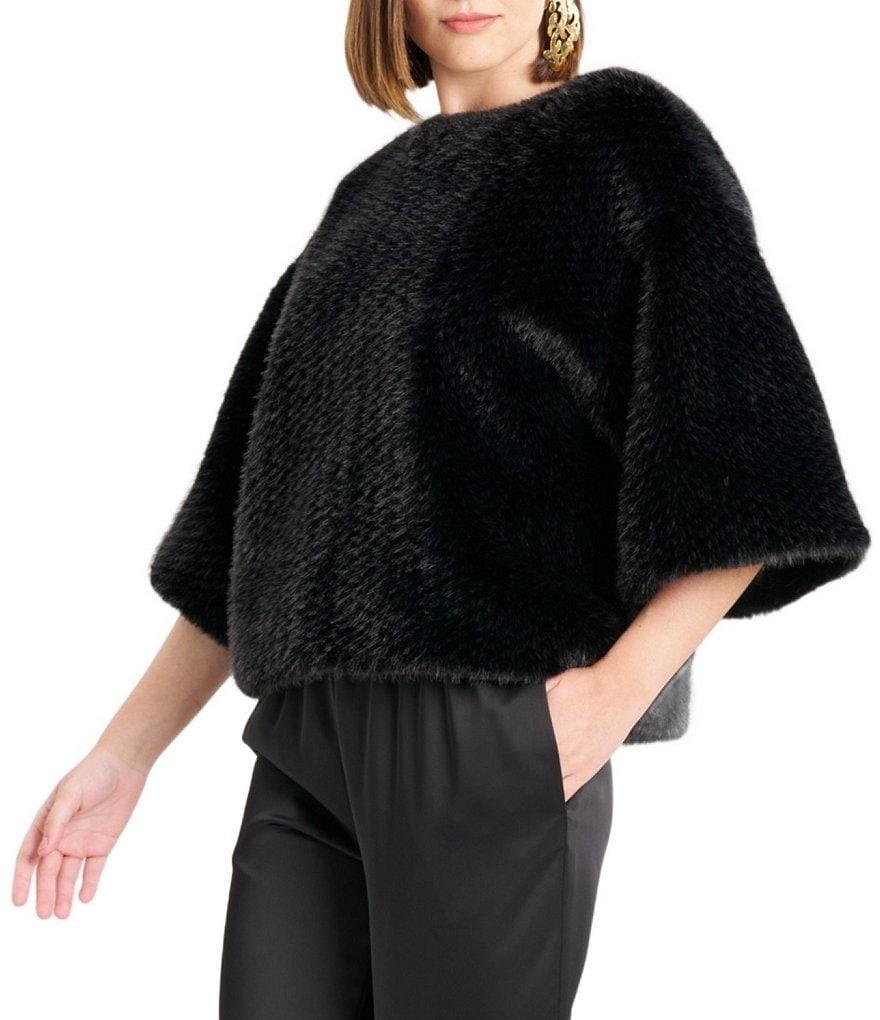 Natori Luxurious Faux Mink Fur Round Neck 3/4 Dolman Sleeve Boxy Top Product Image