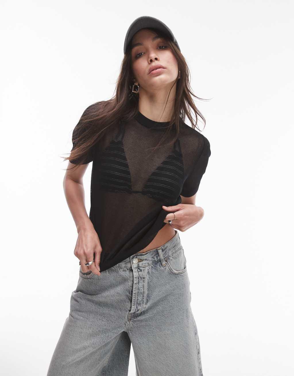 Topshop knit sheer T-shirt in black product image