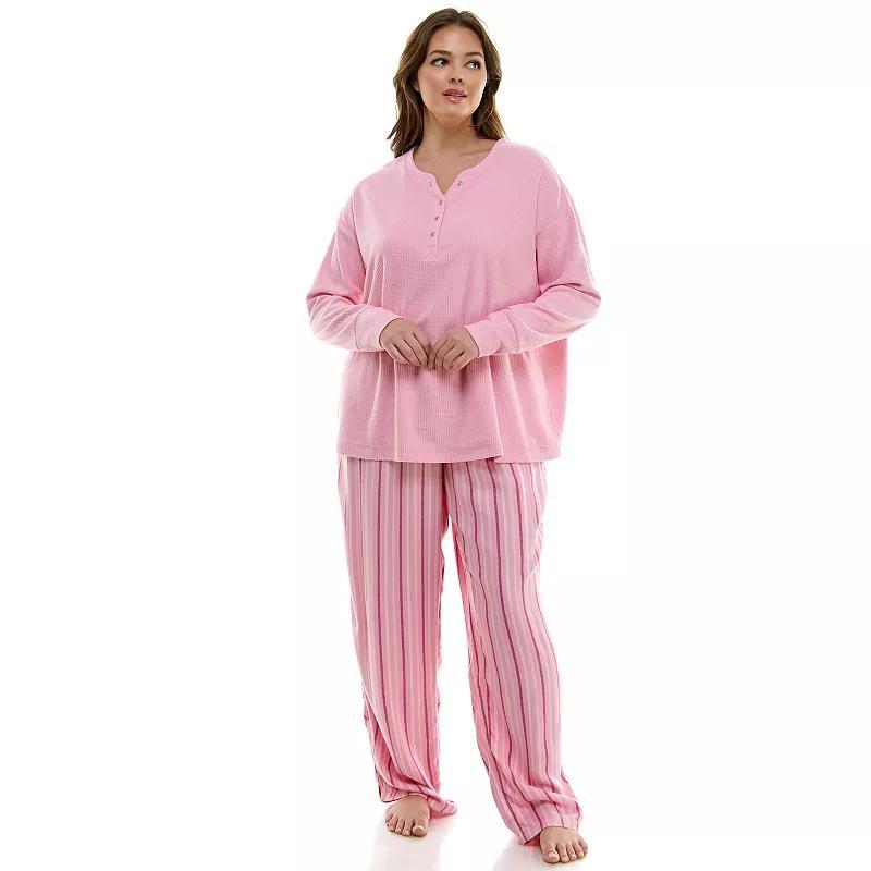 Plus Size Croft & Barrow Long Sleeve Henley Pajama Top & Flannel Pajama Pants Set, Womens Product Image