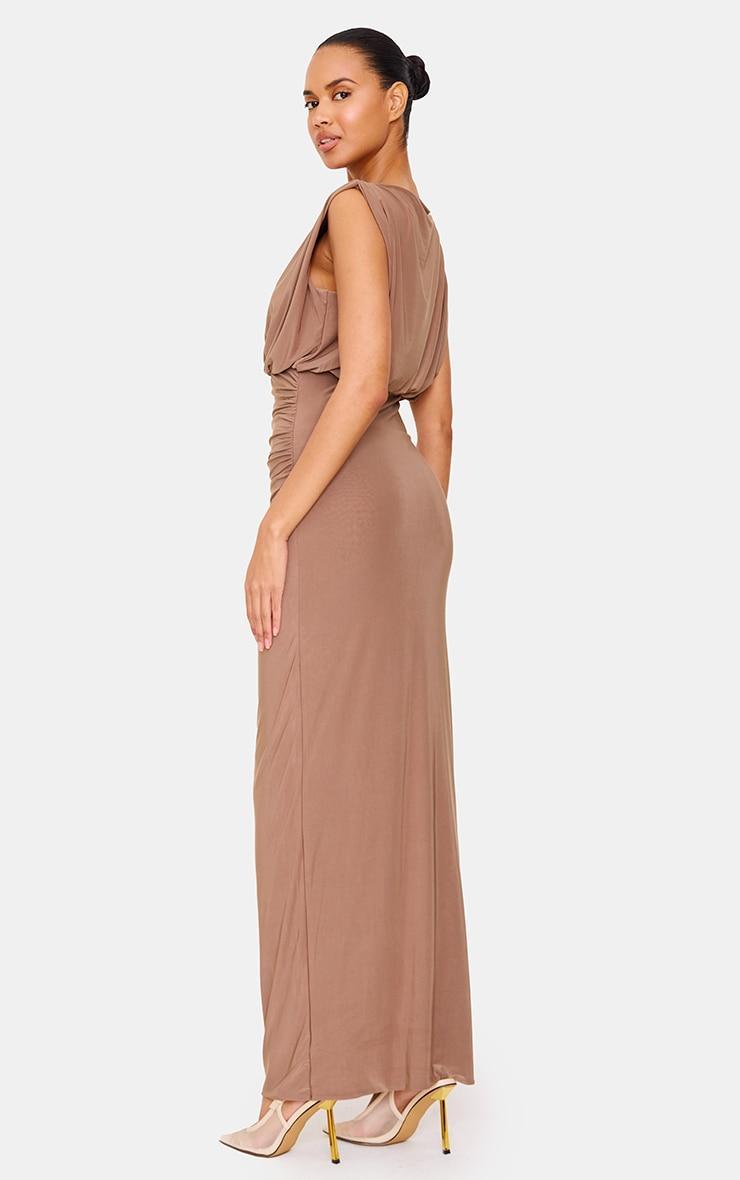 Mushroom Double Layered Slinky Ruched Fold Over Maxi Dress Product Image