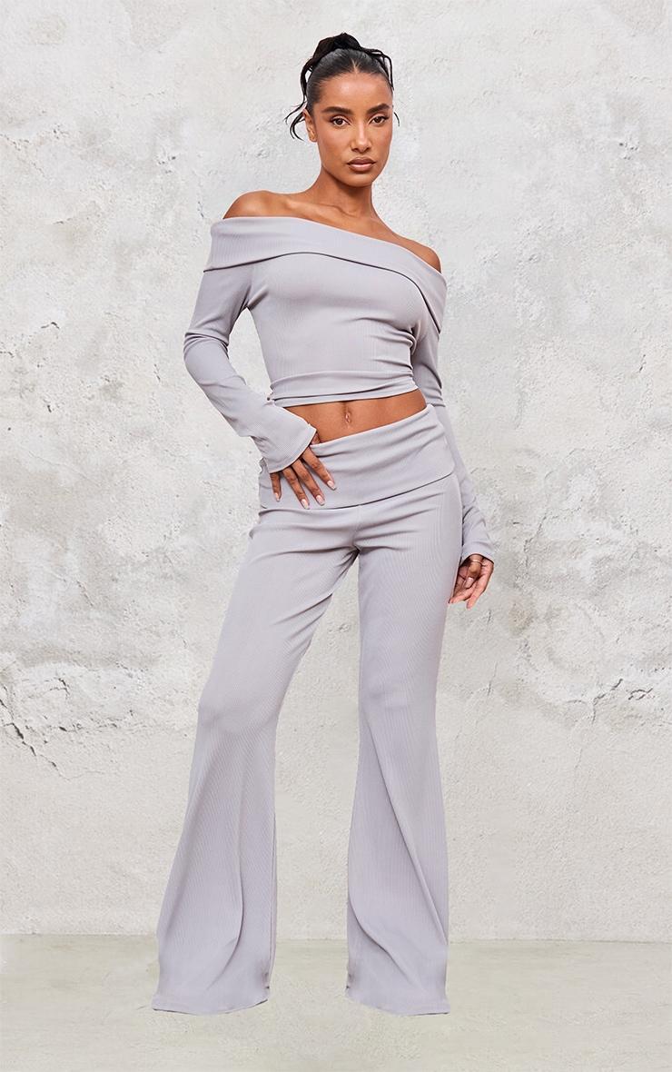 Light Grey Rib Foldover Bardot Flute Sleeve Longline Top Product Image