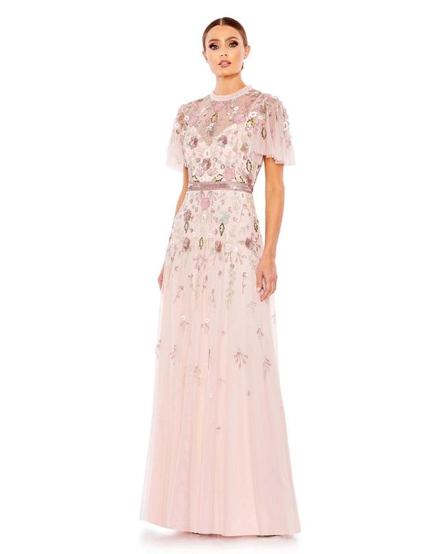 Embellished High Neck Butterfly Sleeve Gown In Pink Product Image