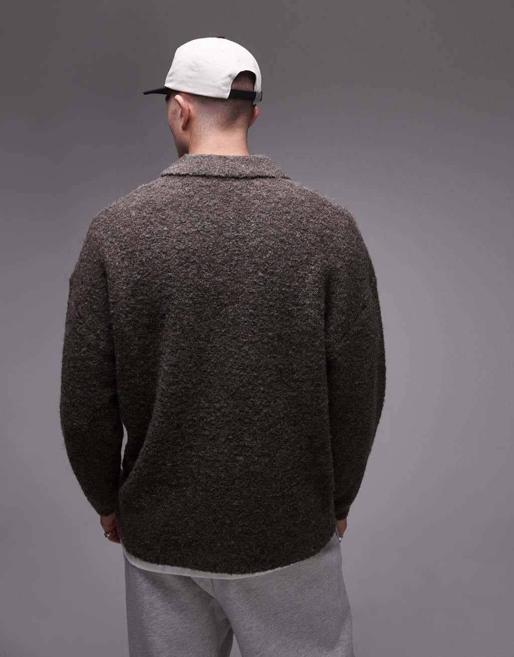 Topman oversized fit boucle polo shirt in heathered brown Product Image