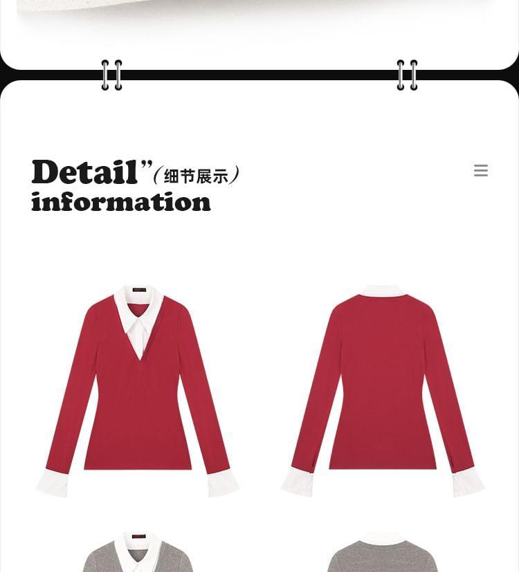 Mock Two-Piece Long-Sleeve Collared Two Tone Top Product Image