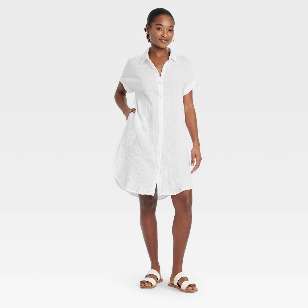 Womens Short Sleeve Mini Summer Shirtdress - Universal Thread White XS product image