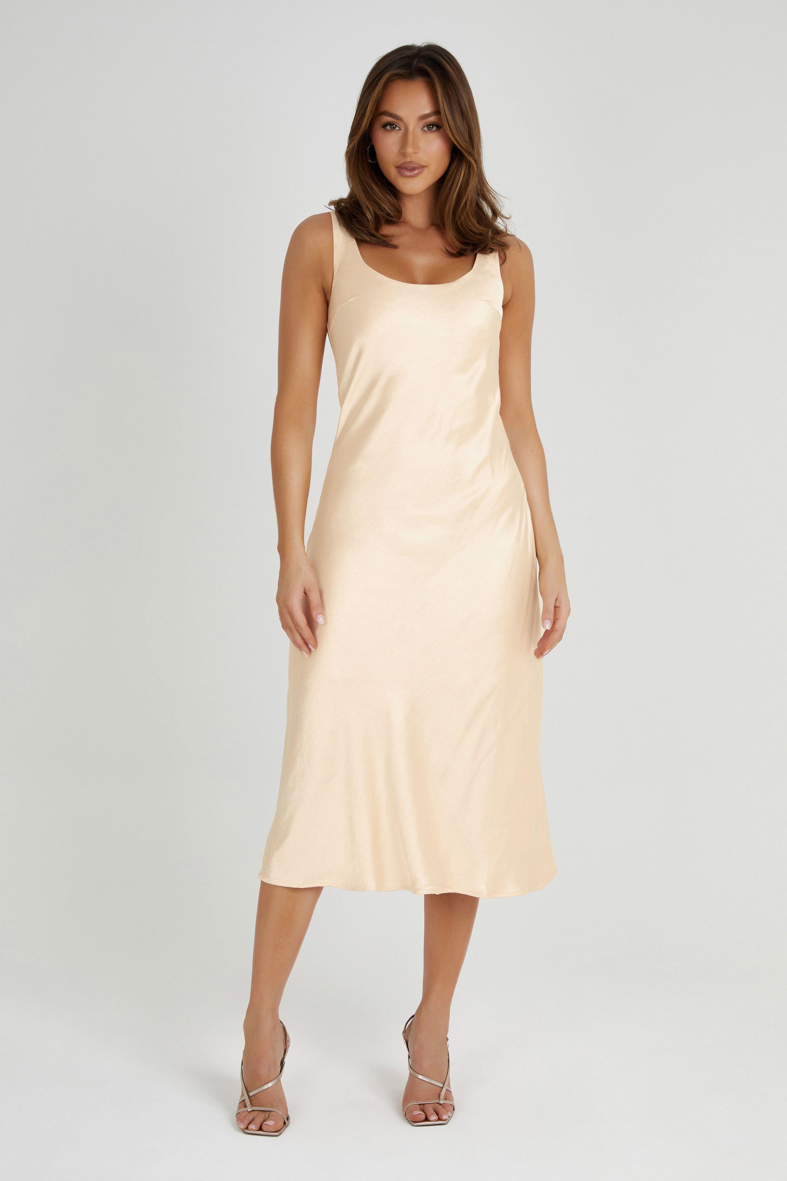 Tamara Satin Iridescent Slip Midi Dress - Apricot Product Image