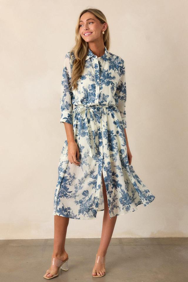 Dancing Dewdrops 100% Cotton Blue Floral Midi Dress Product Image