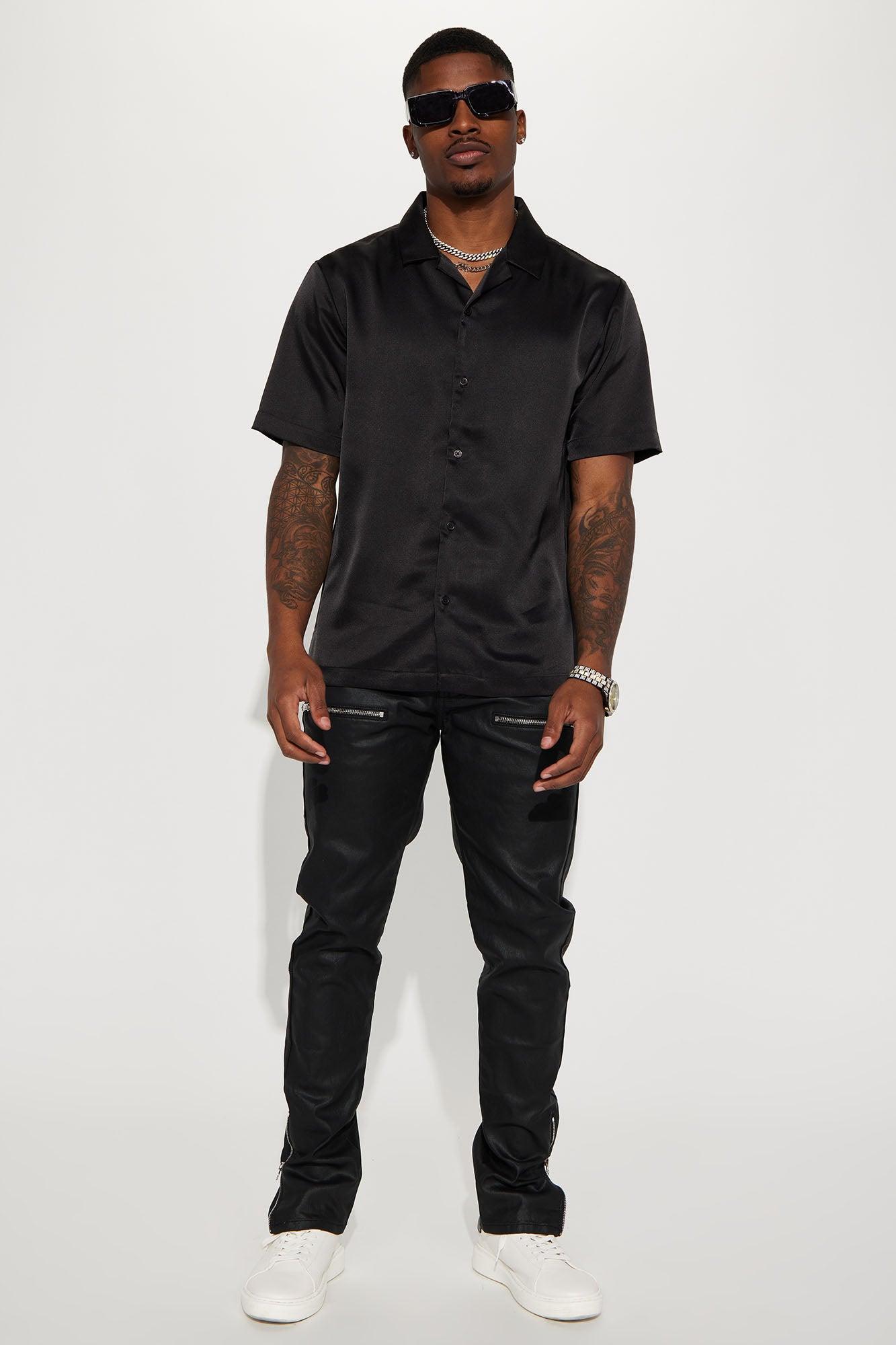 Links Satin Short Sleeve Button Up Shirt - Black Product Image