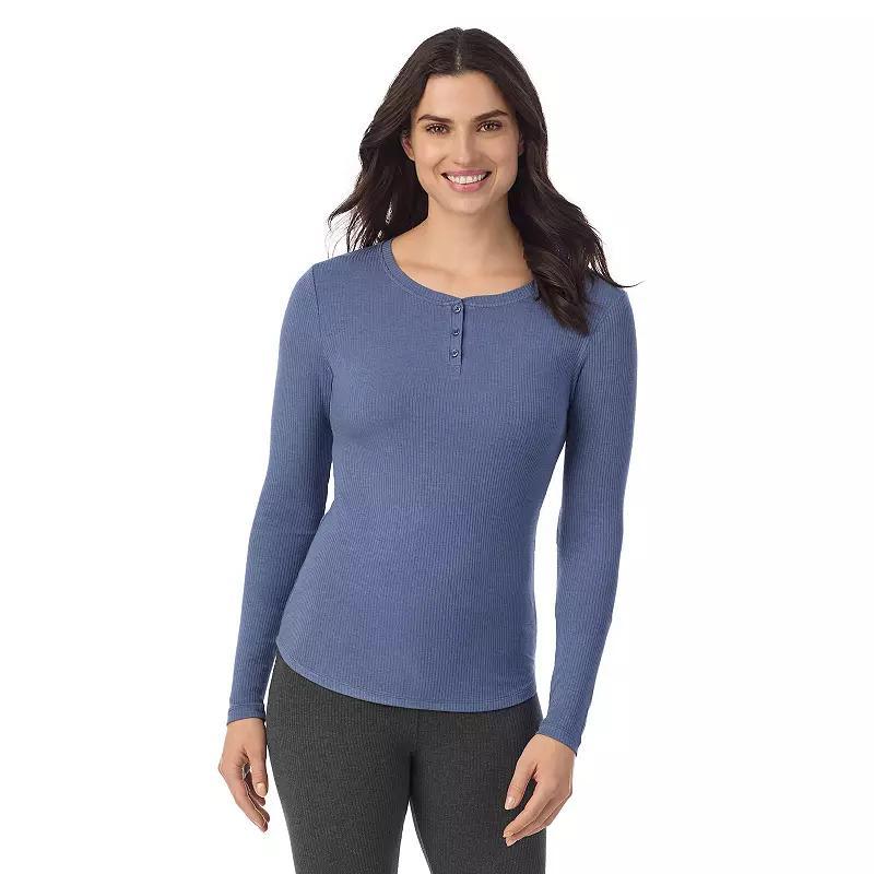 Womens Cuddl Duds Stretch Rib Long Sleeve Crew Henley Top Blue Blazer Product Image