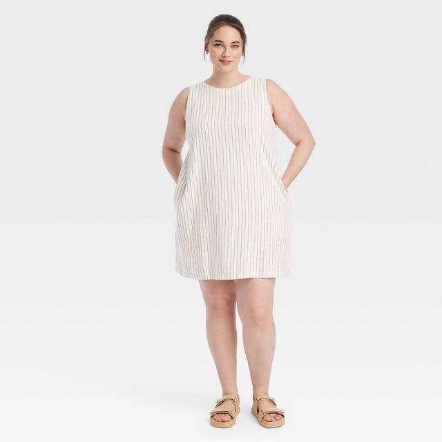 Womens Linen Mini Shift Dress - A New Day White Striped 4X Product Image