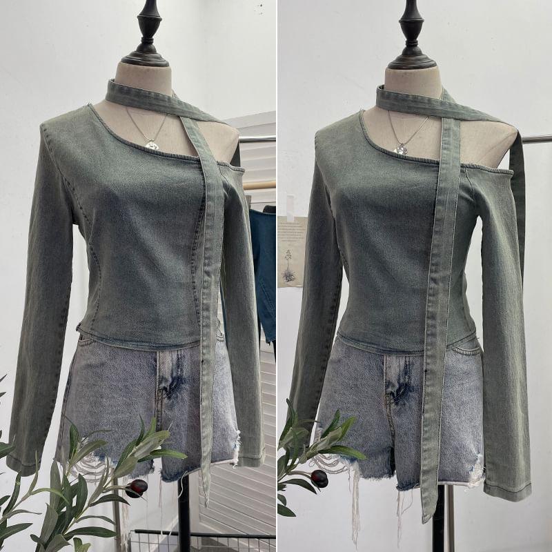 Long Sleeve Cold Shoulder Neck Tie Denim Crop Top Product Image