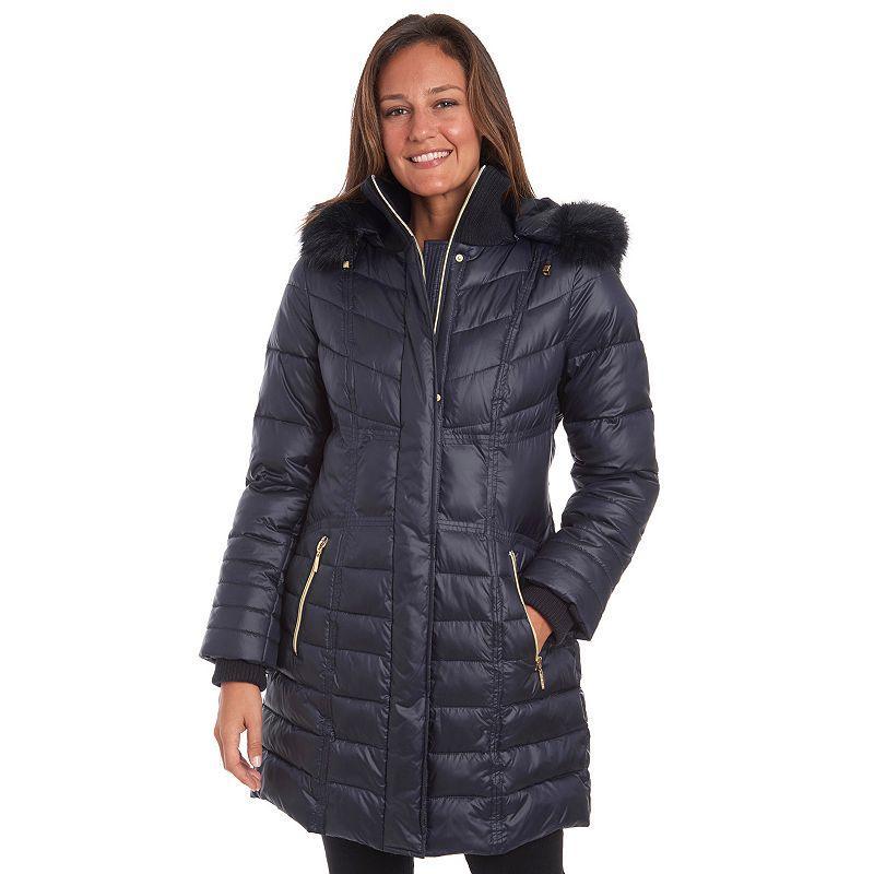 Womens Fleet Street Long Faux Down Coat with Detachable Faux Fur Trimmed Hood Blue Product Image