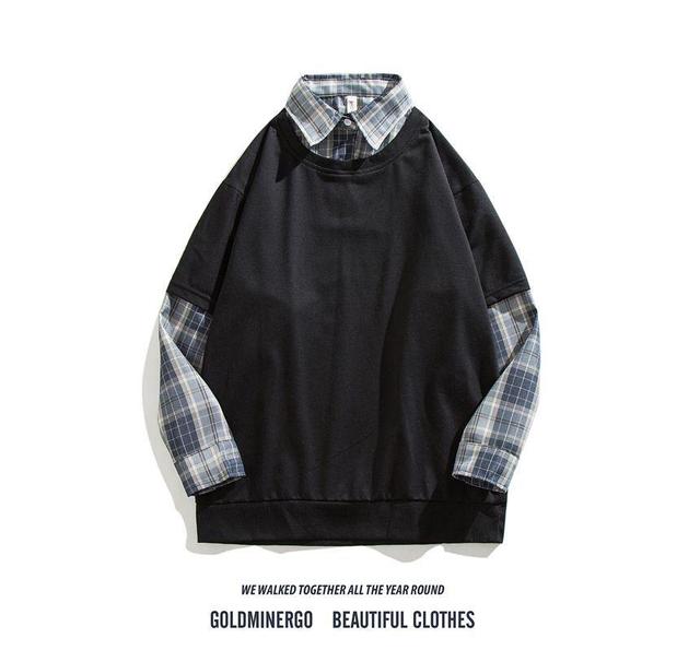 Mock Two-Piece Plaid Panel Sweatshirt Product Image