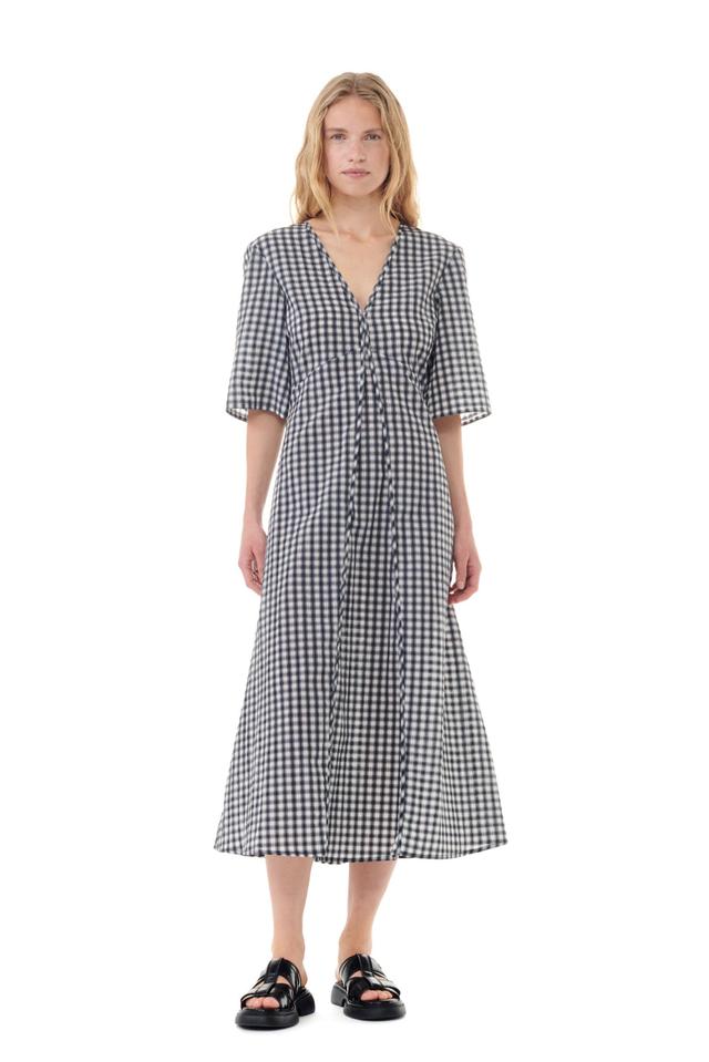 Seersucker Check V-neck Long Dress Product Image