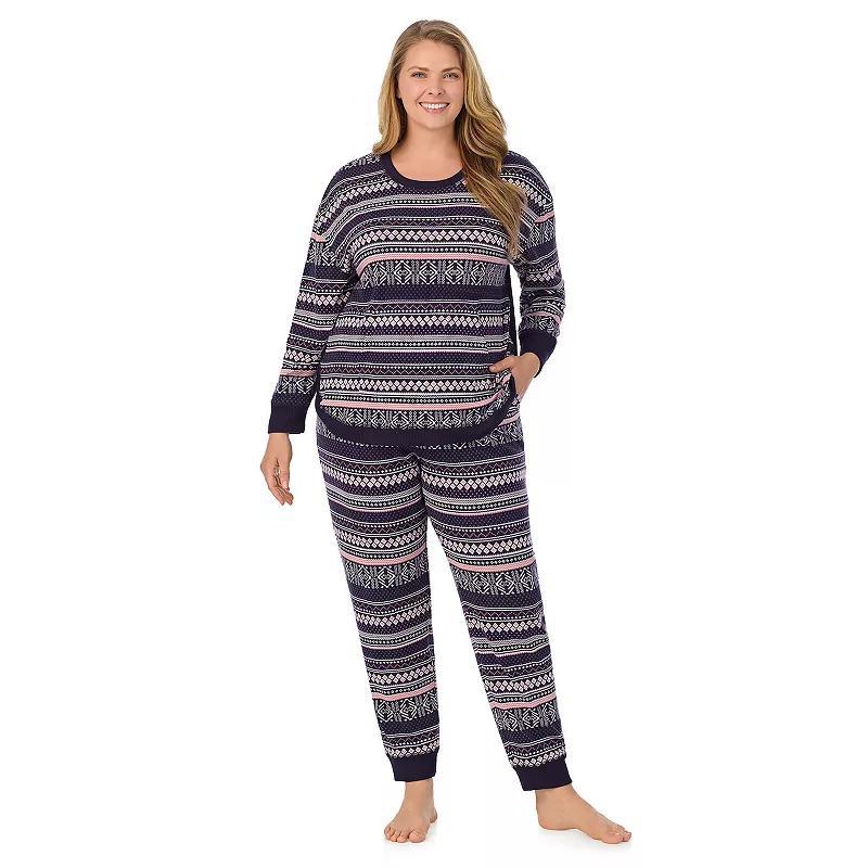 Plus Size Cuddl Duds Sweater Knit Crewneck Pajama Top & Jogger Pajama Bottoms Set, Womens Blue Fairisle Product Image