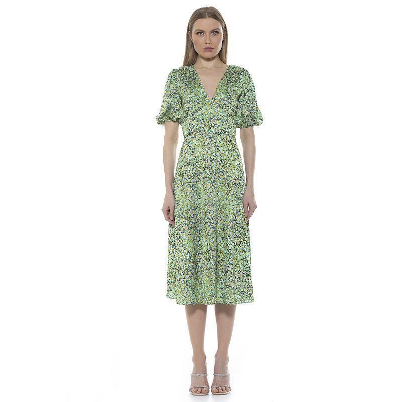 Womens ALEXIA ADMOR Puff-Sleeve Fit & Flare Dress Green Product Image