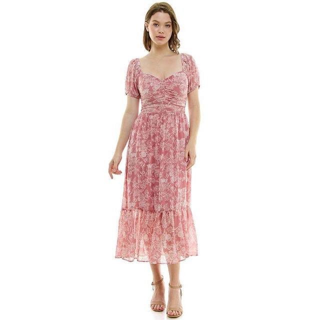 Luxology™ Women's Short Sleeve Ruched Bodice Vintage Print Chiffon Midi Dress Product Image