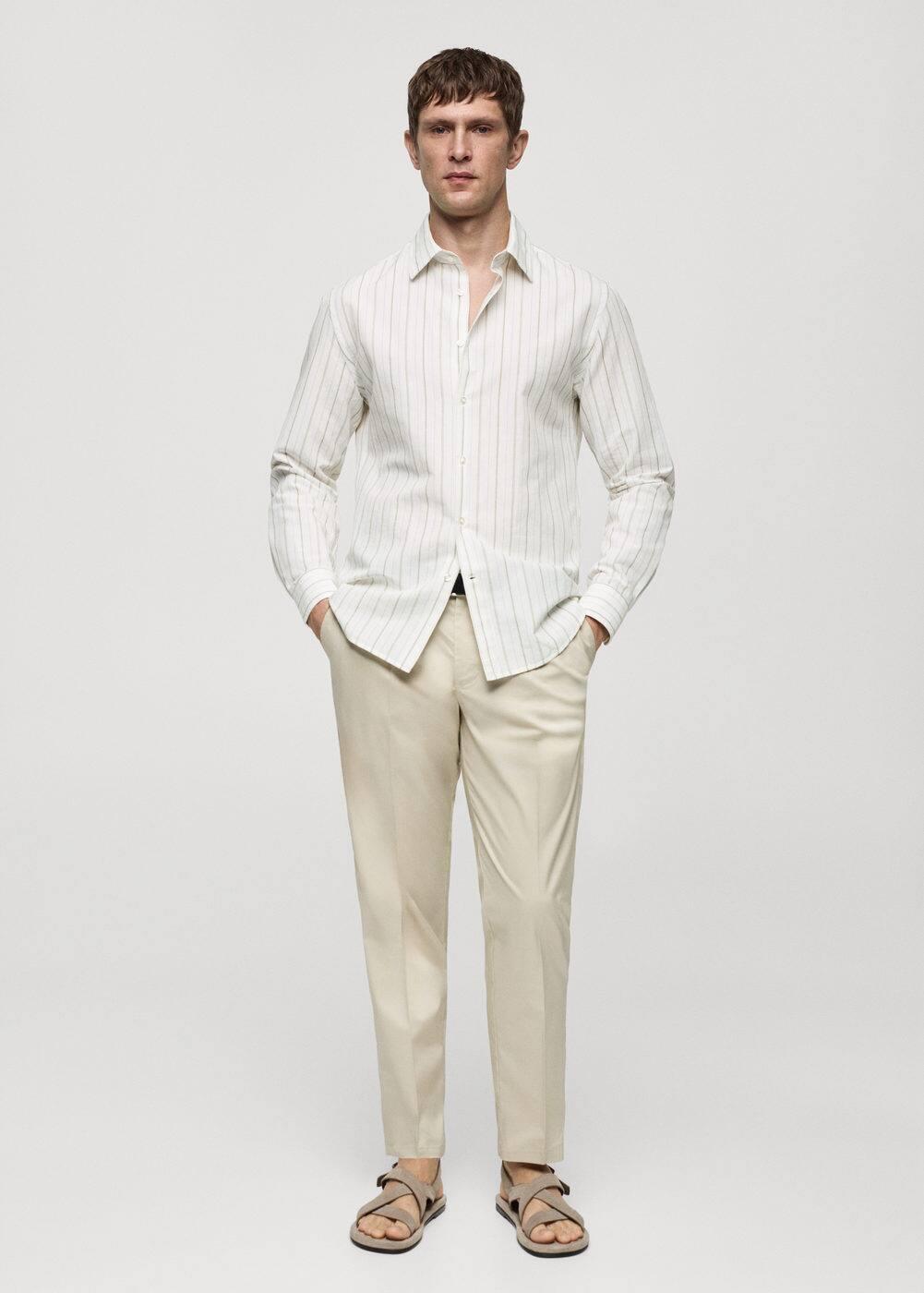 MANGO MAN - Regular-fit striped cotton-linen shirt khakiMen Product Image