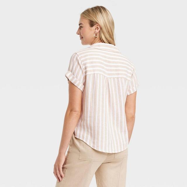 Womens Short Sleeve Collared Button-Down Shirt - Universal Thread Tan Striped M Product Image