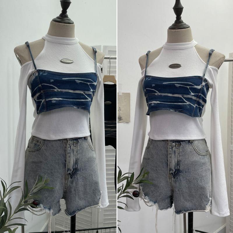 Mock Two-Piece Long-Sleeve Mock Neck Cold Shoulder Denim Panel Top Product Image