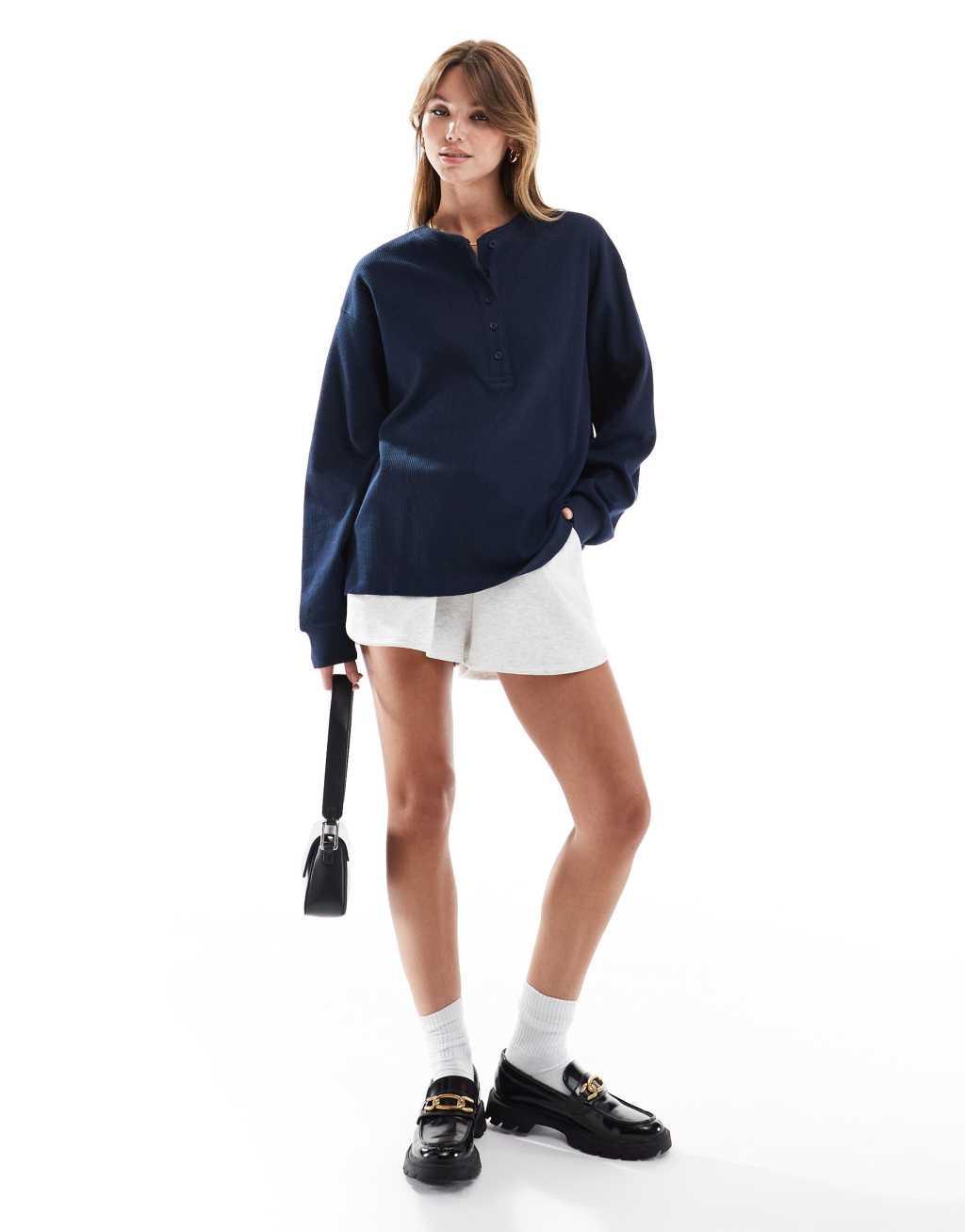 ASOS DESIGN oversized long sleeve henley in waffle navy Product Image