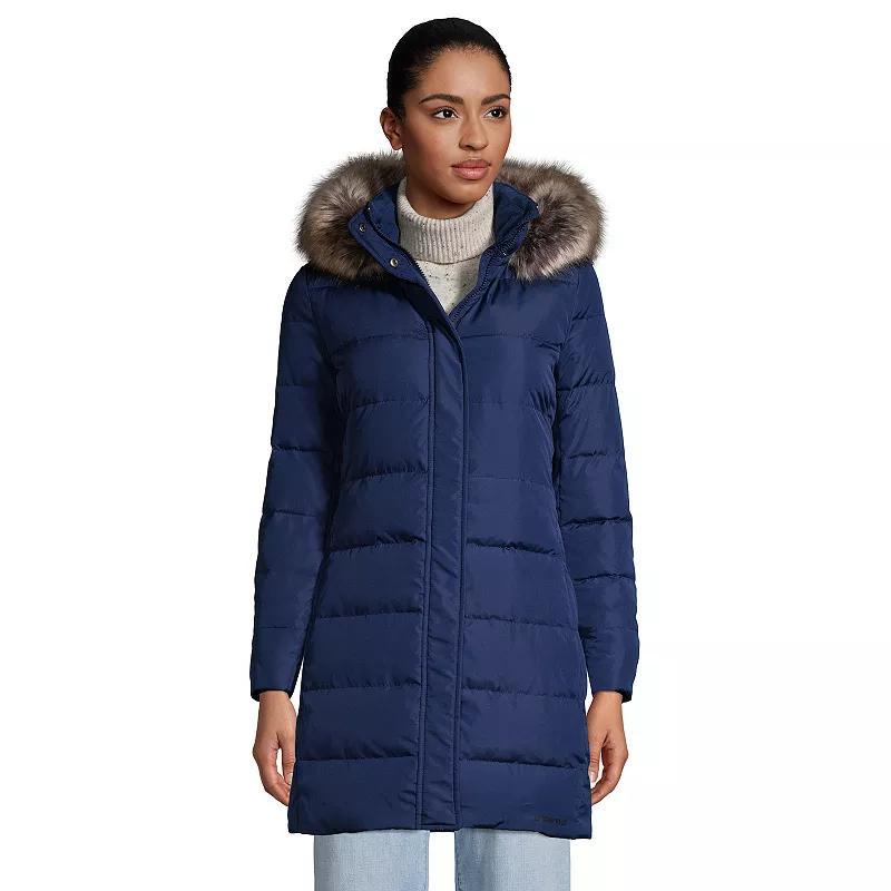 Womens Lands End Faux-Fur Hood Long Down Winter Coat Dark Blue Product Image