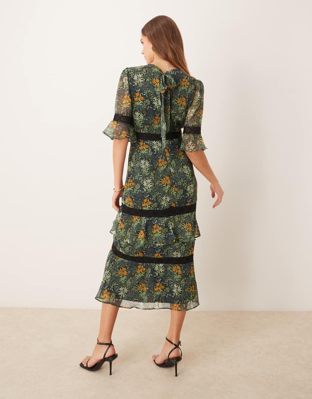 Hope & Ivy in collaboration with The William Morris Society tiered Hem midi dress with lace trims in dark green floral Product Image