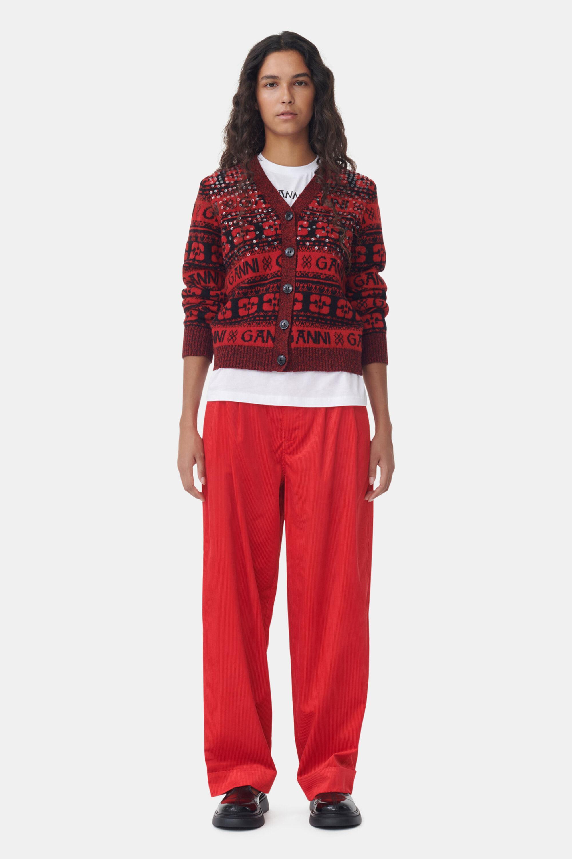 Red Shiny Corduroy Loose Pleat Trousers Product Image