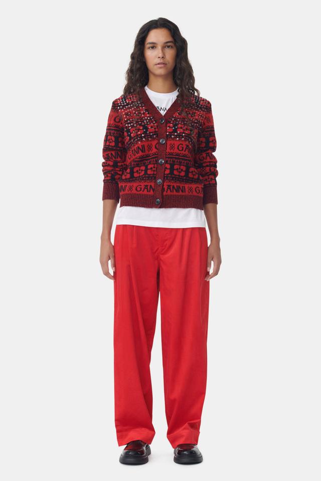 Red Shiny Corduroy Loose Pleat Trousers Product Image