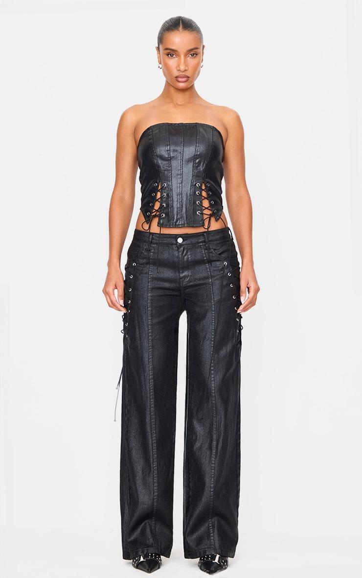 Black Coated Denim Lace Up Front Bandeau Corset Product Image