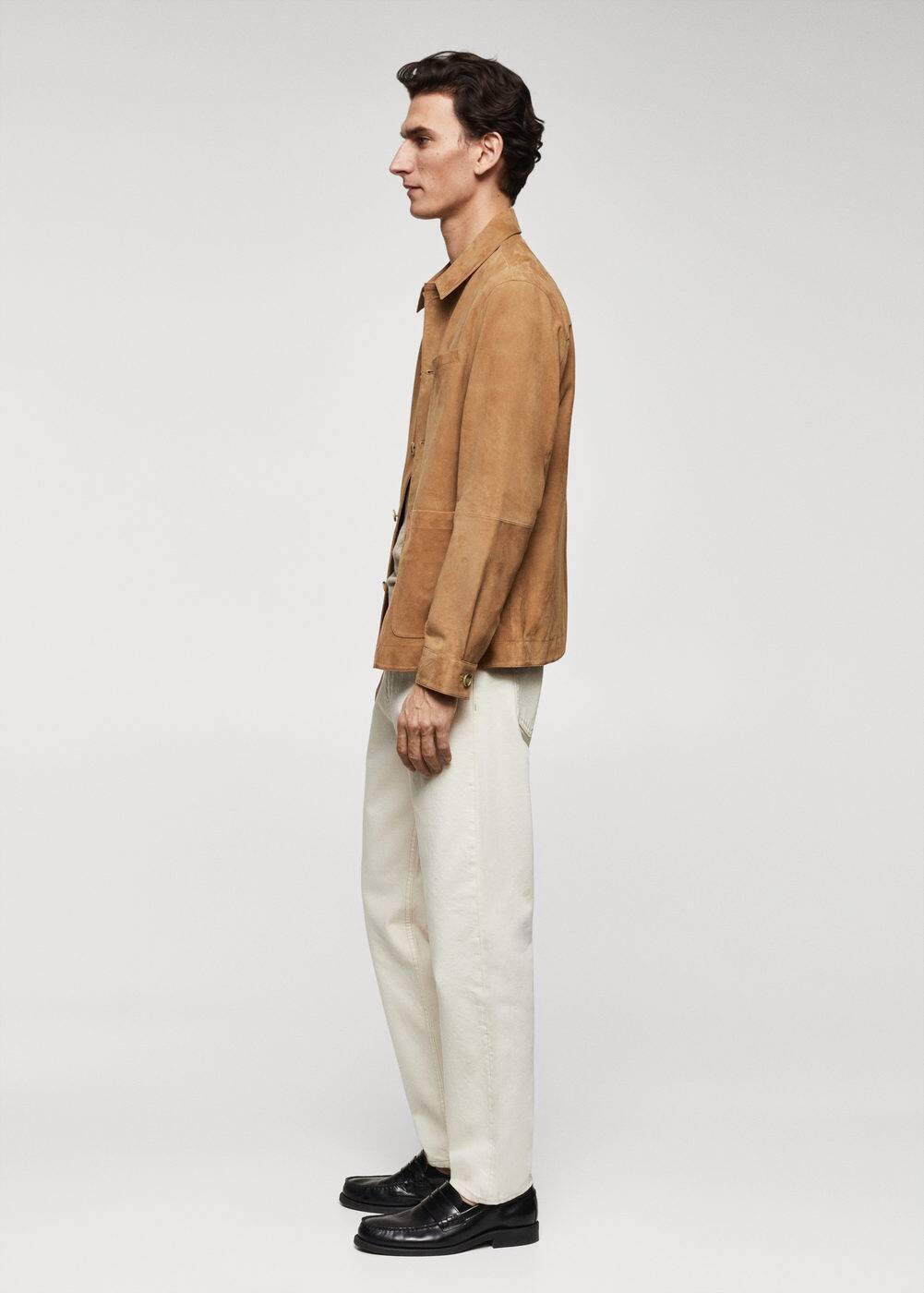 MANGO MAN - Suede leather overshirt with pocket medium brownMen Product Image