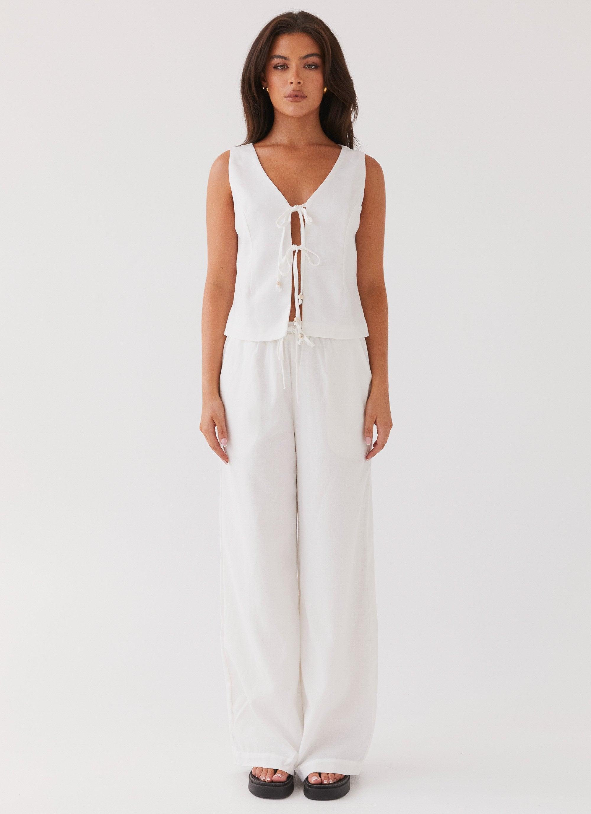 Tina Linen Vest Top - White Product Image