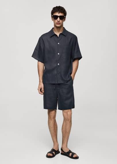 MANGO MAN - 100% linen bermuda shorts with drawstring navyMen Product Image