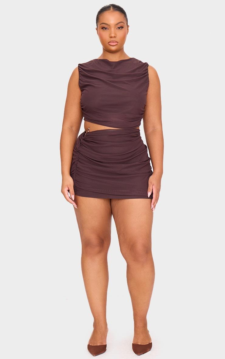 Plus Chocolate Mesh Trim Detail Ruched Mini Skirt Product Image