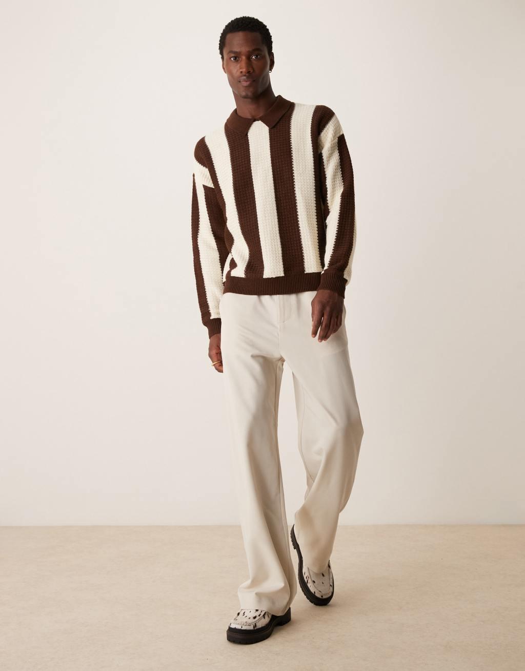 ASOS DESIGN relaxed boxy fit knit polo sweater in brown stripe Product Image