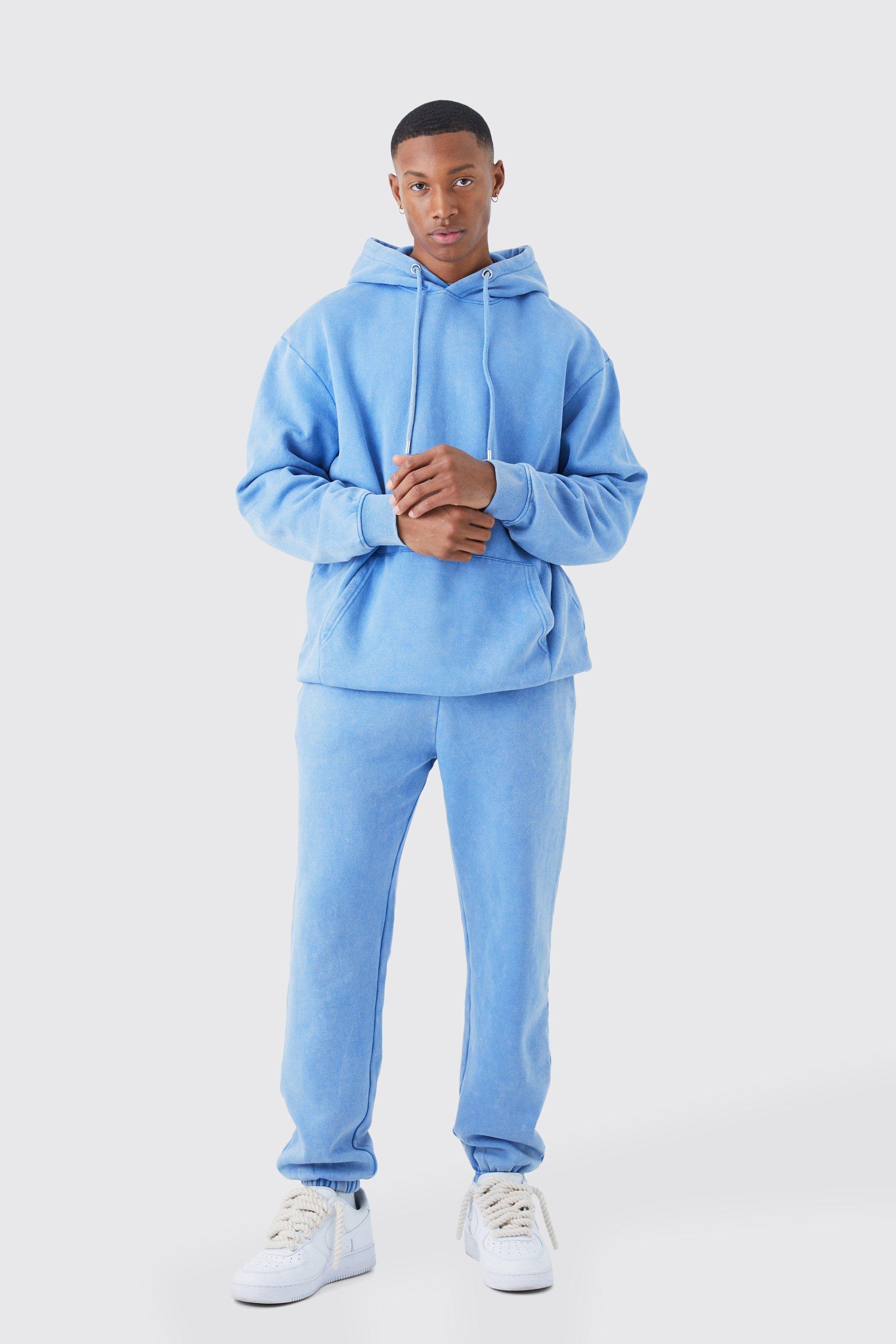 Mens Blue Oversized Washed Hooded Tracksuit, Blue Product Image