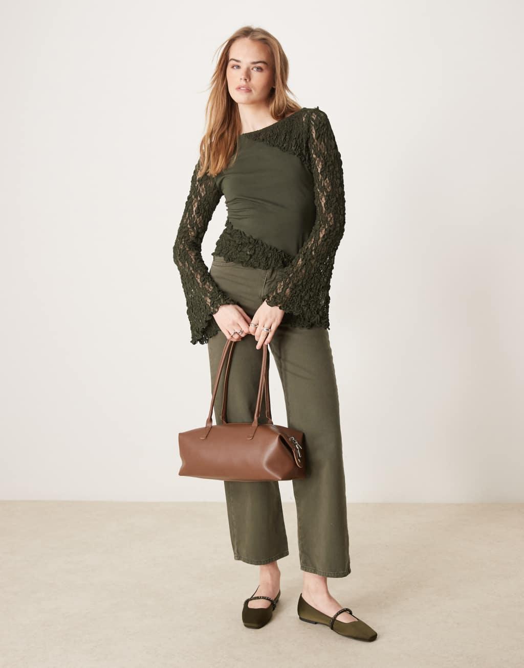 ASOS DESIGN spliced lace flute sleeve slash neck top in forest green Product Image