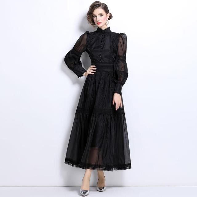 Cinched Sleeve Stand Collar Plain Panel Mesh Maxi A-Line Dress Product Image