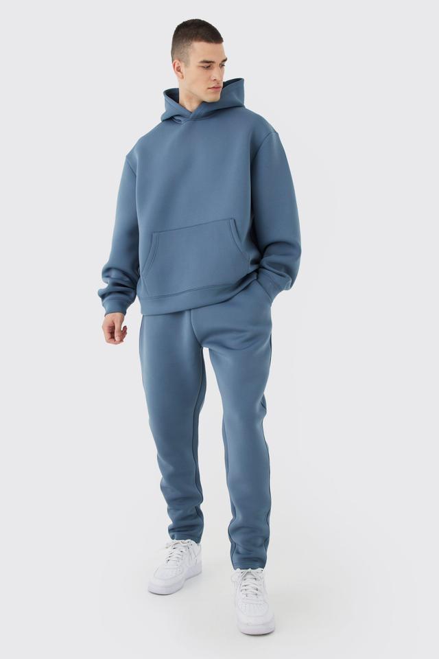 Mens Blue Tall Oversized Boxy Bonded Scuba Hooded Tracksuit, Blue Product Image