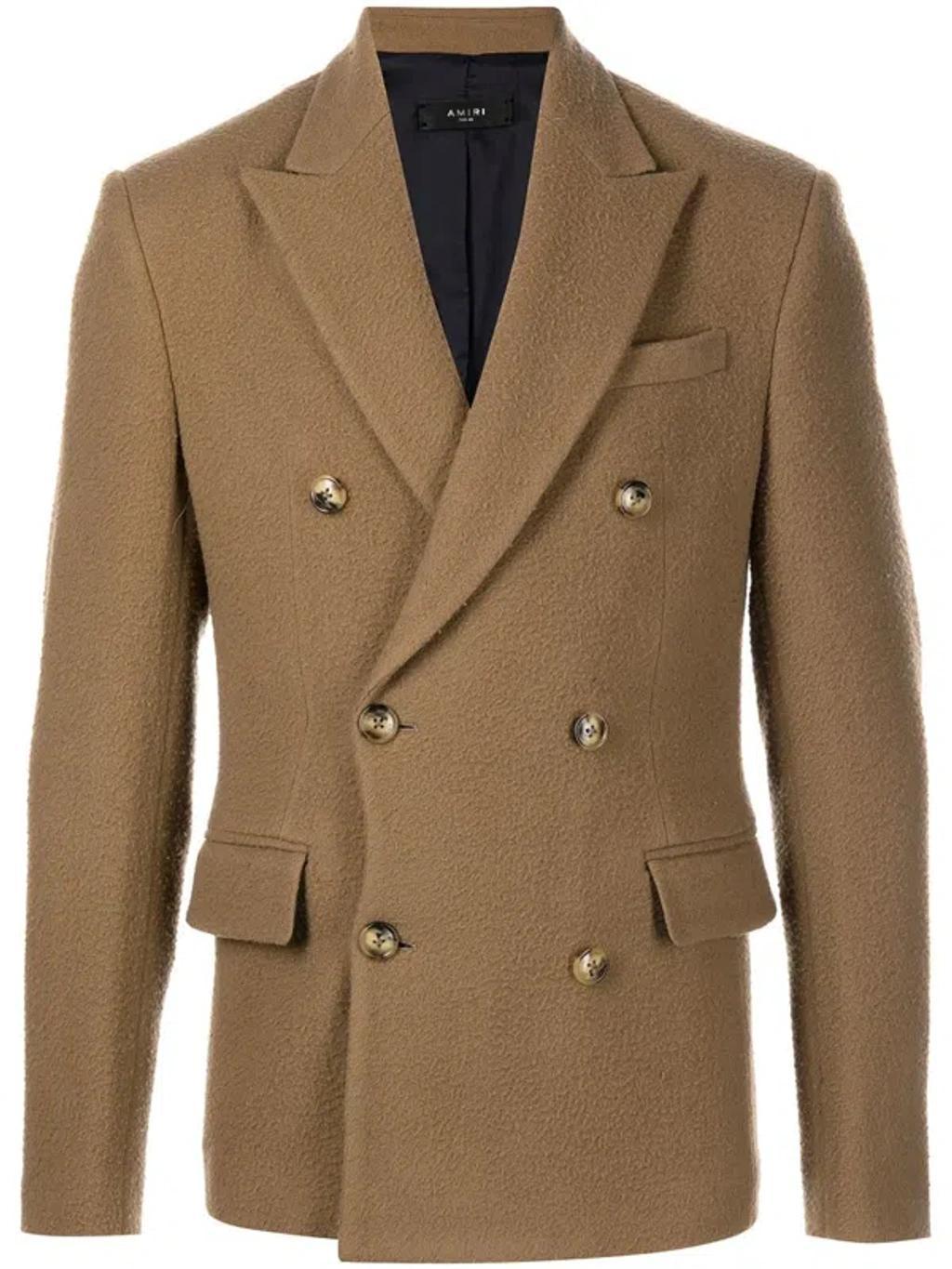 Double-breasted Wool-blend Blazer In Brown Product Image