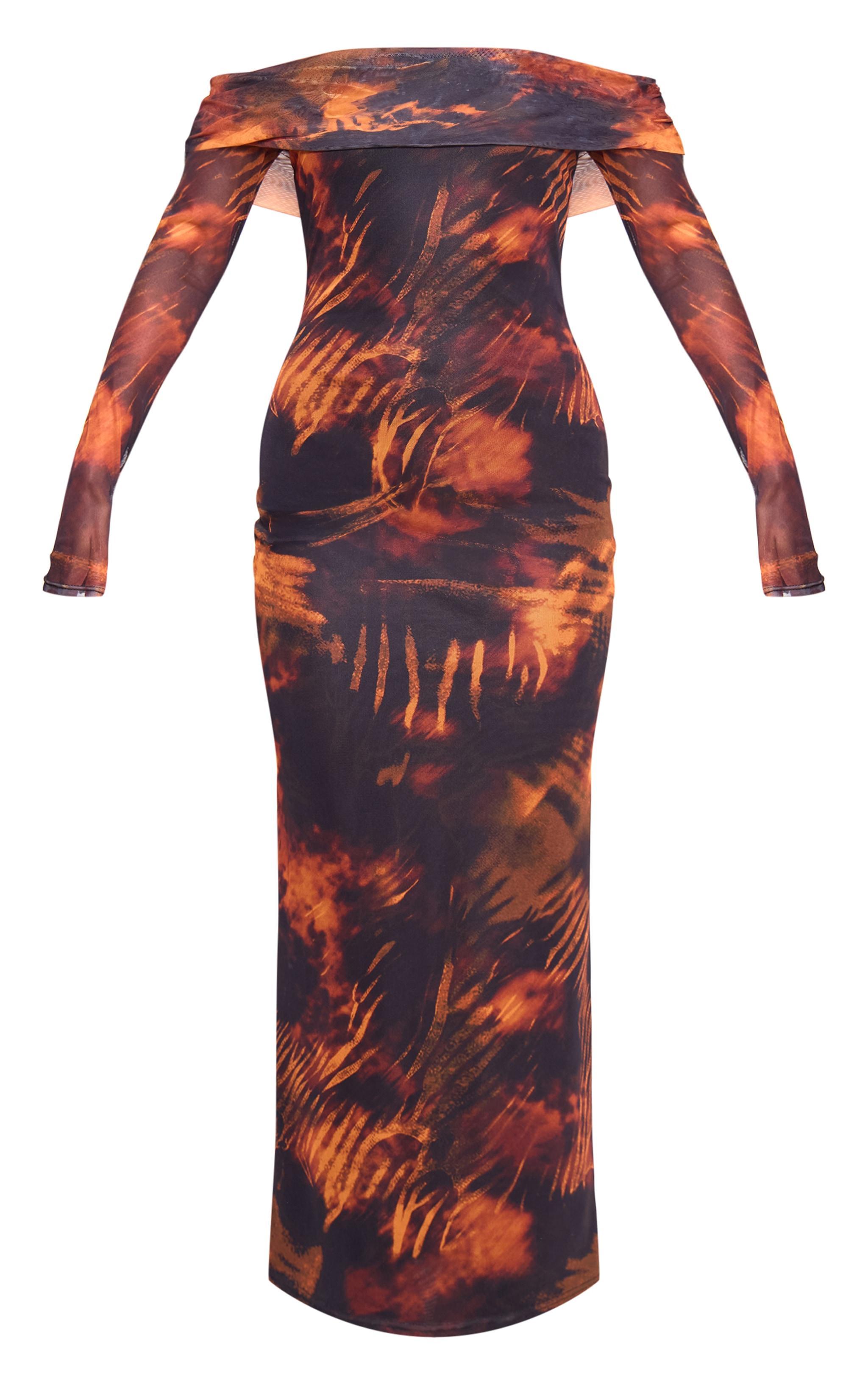 Rust Printed Mesh Bardot Long Sleeve Maxi Dress Product Image