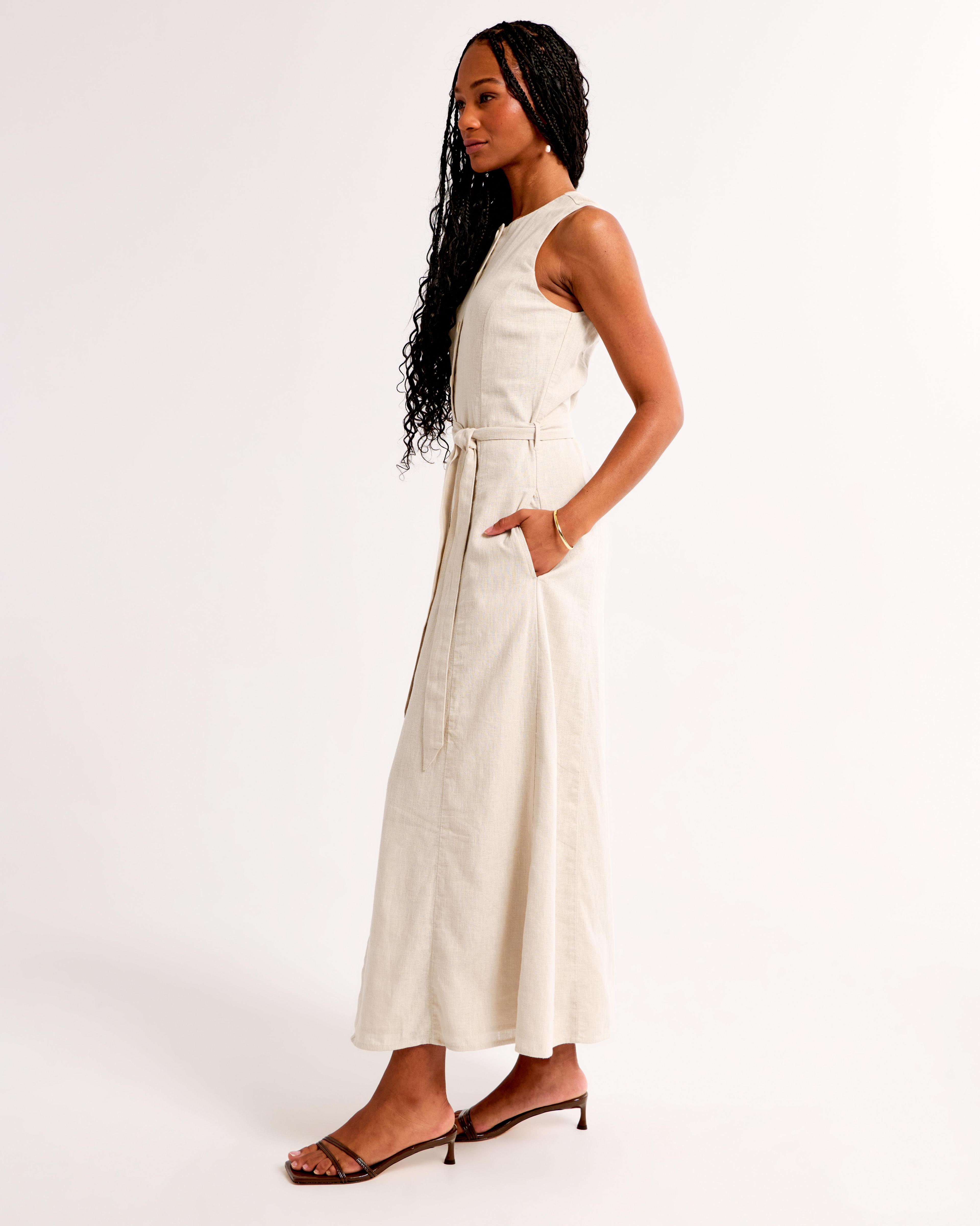 Linen-Blend Belted Midi Dress Product Image