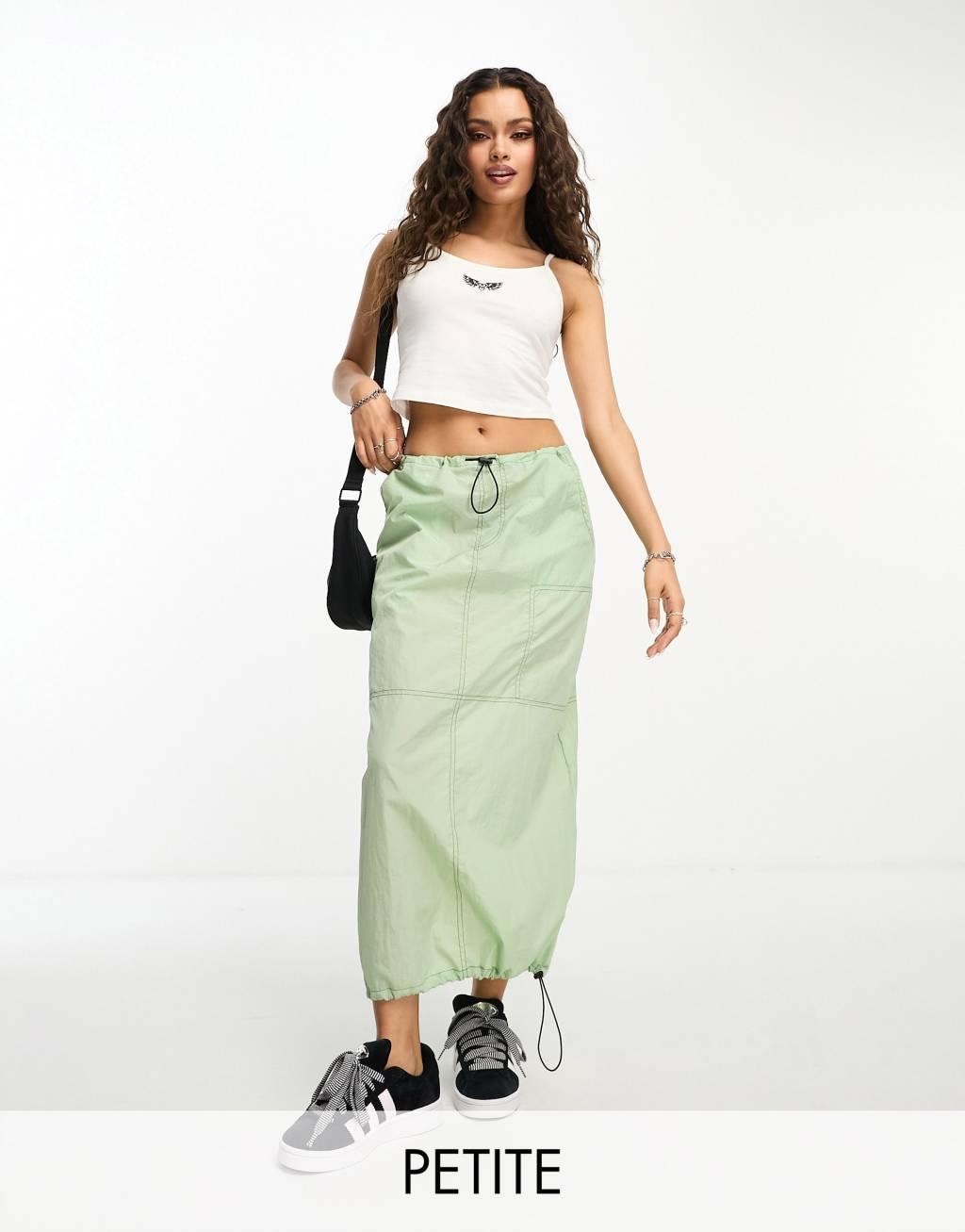 Noisy May Petite drawstring toggle maxi parachute skirt in sage green product image