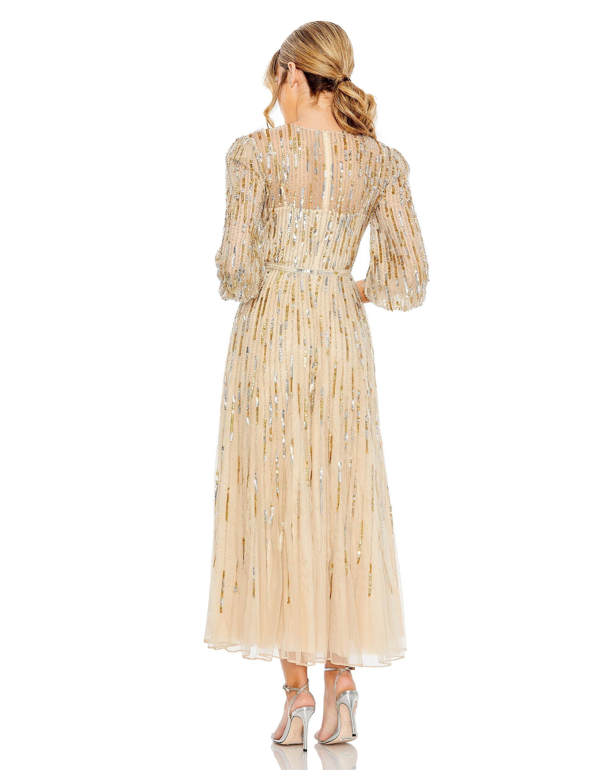 Beaded Long Sleeve Midi Dress Product Image