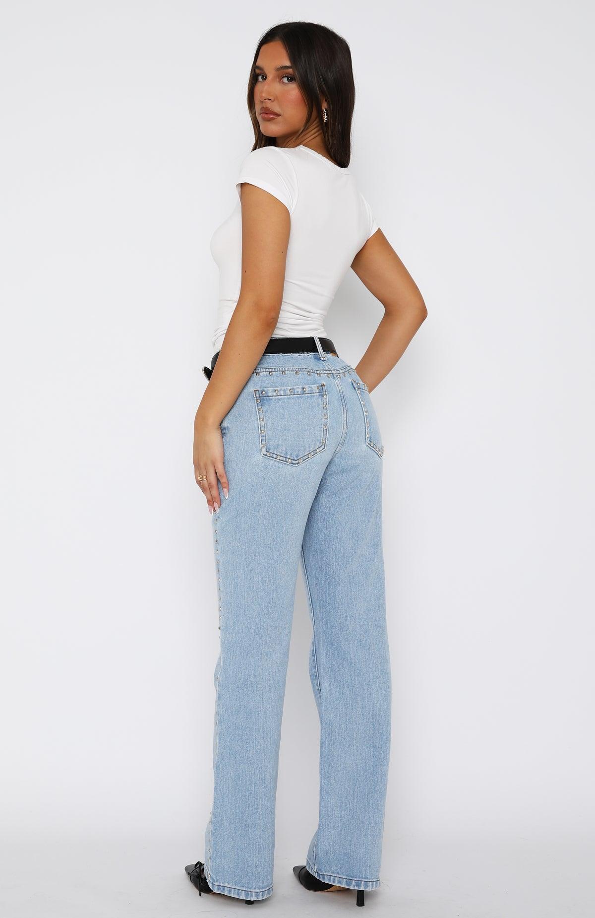 Unmatched Studded Mid Rise Straight Leg Jeans Cerulean Wash Product Image