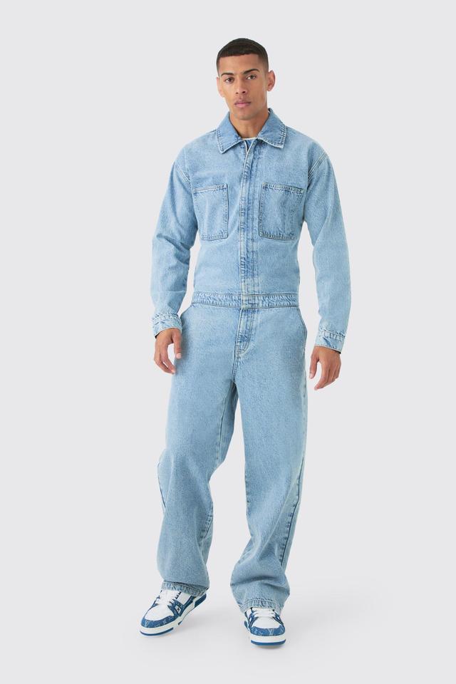 Relaxed Fit Long Sleeve Denim Jumpsuit In Light Blue | boohooMAN USA Product Image