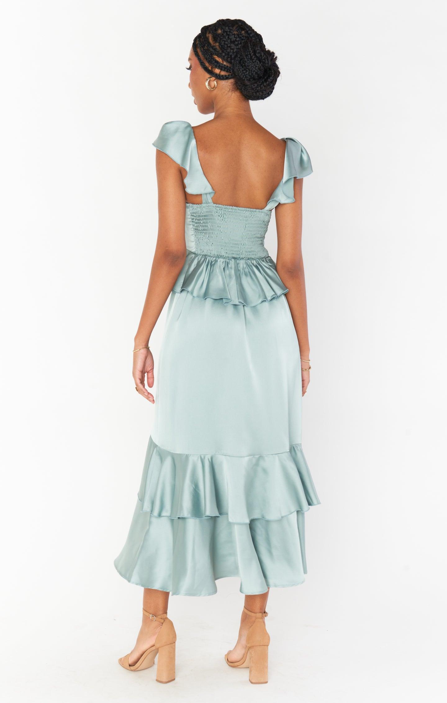 Reese Ruffle Dress ~ Silver Sage Luxe Satin Product Image