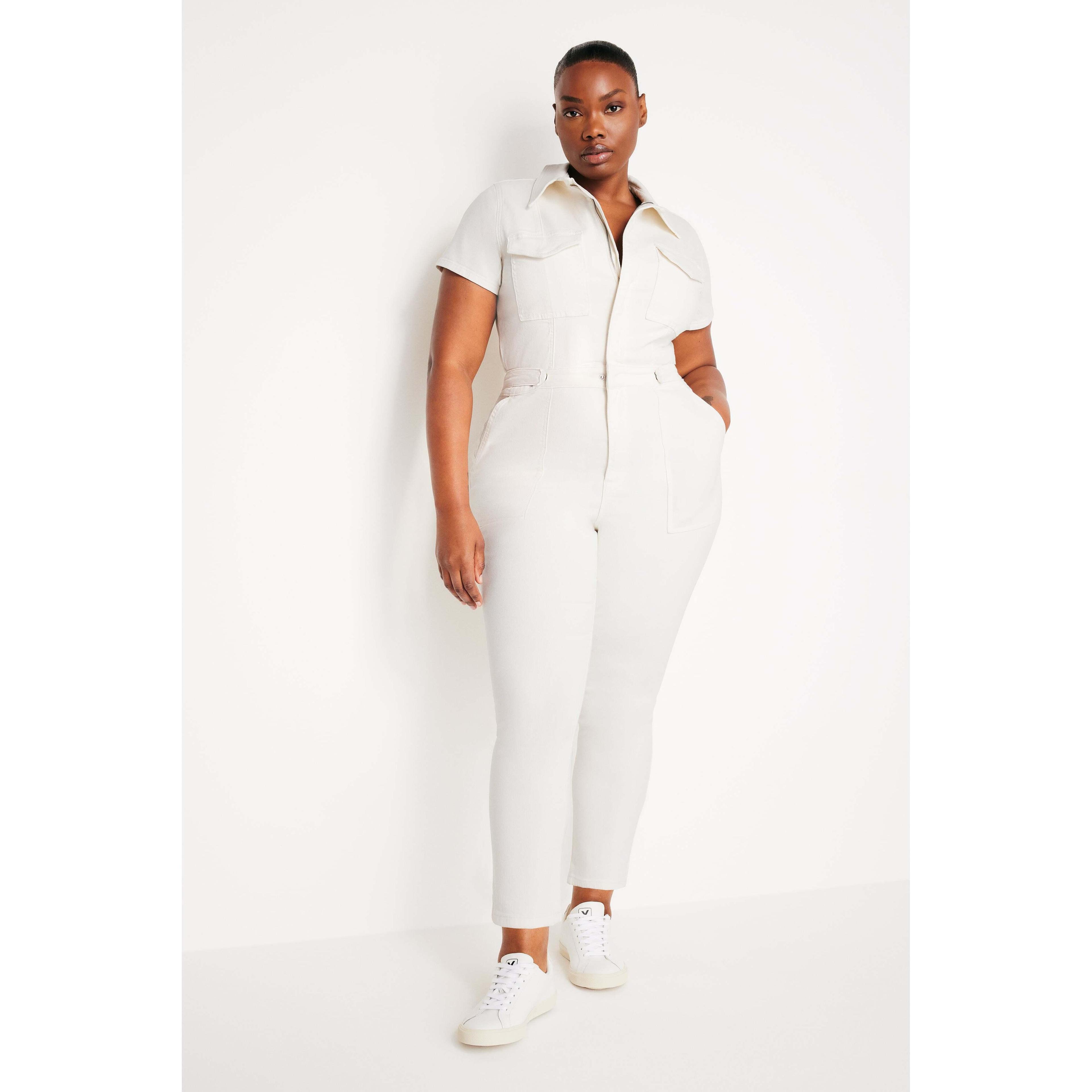 Womens Fit For Success Light Compression Denim Jumpsuit | Cloud White, | Hidden Front Zipper Closure, Breast Pockets Size XS Product Image