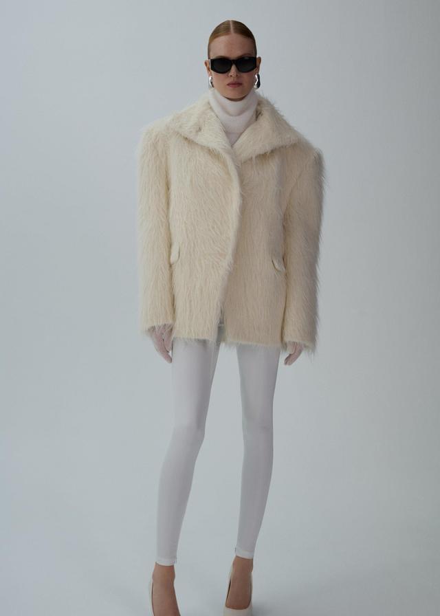 High-collar alpaca wool jacket in cream Product Image